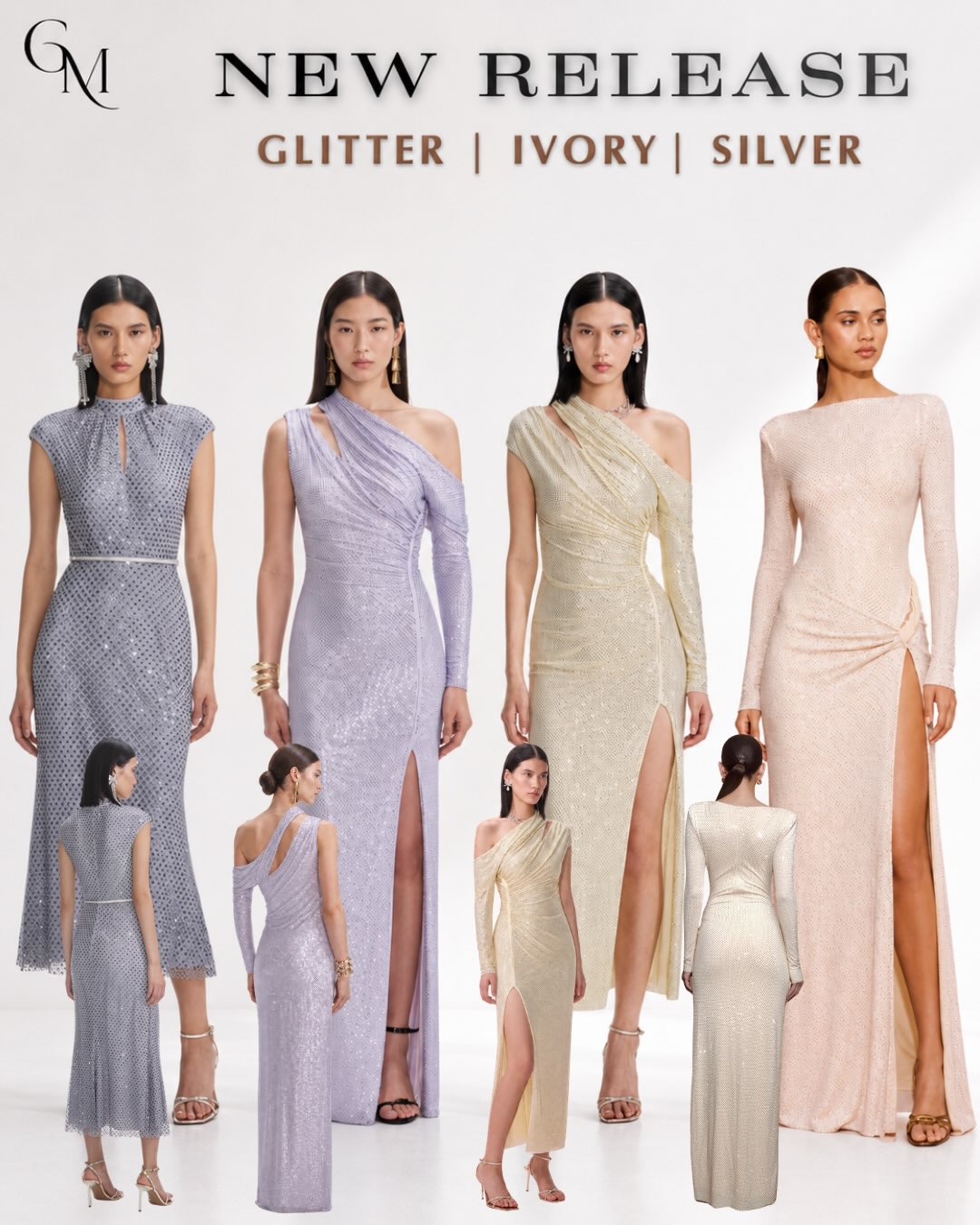 คอลเลกชันชุดราตรีกลิตเตอร์ โทนเทา ม่วง ทอง และชมพู (4 ดีไซน์)