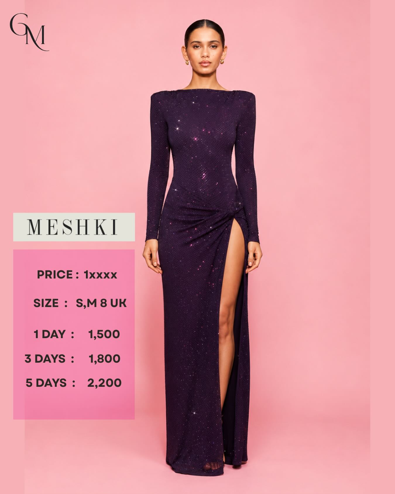 เดรสยาวสีม่วงเข้มกลิตเตอร์คอเรือแขนยาวผ่าข้าง MESHKI