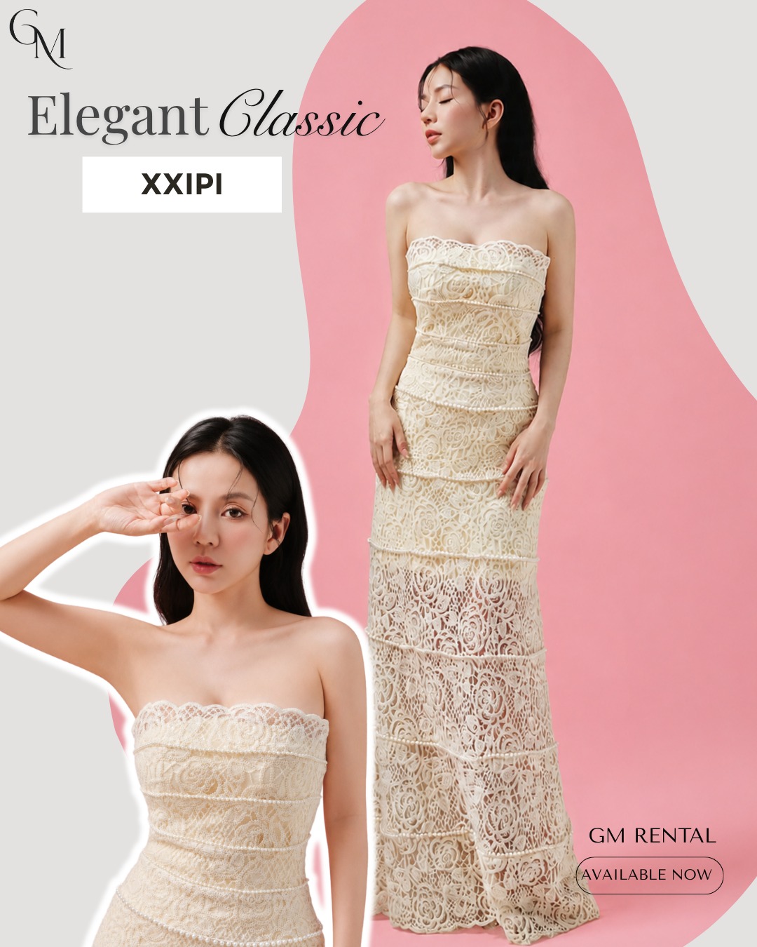 เดรสยาวสีงาช้างเกาะอกลูกไม้ XXIPI